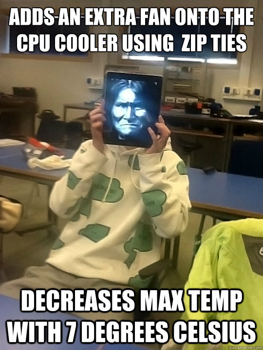 Adds an extra fan onto the cpu cooler using  zip ties Decreases max temp with 7 degrees celsius - Adds an extra fan onto the cpu cooler using  zip ties Decreases max temp with 7 degrees celsius  Misc
