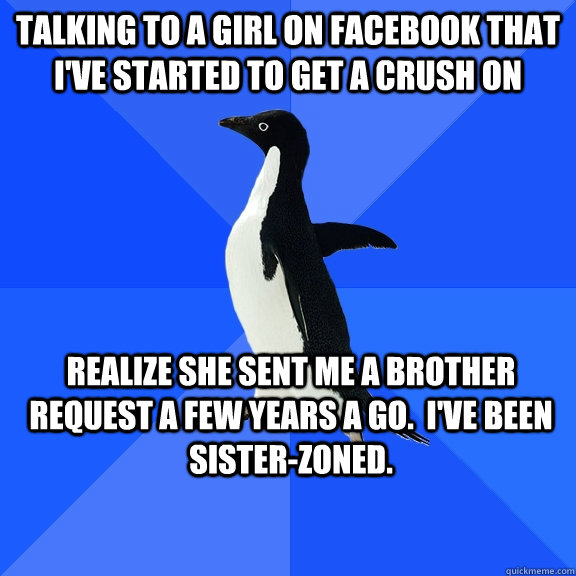 Talking to a girl on Facebook that I've started to get a crush on REALIZE SHE SENT ME A BROTHER REQUEST A FEW YEARS A GO.  i'VE BEEN SISTER-ZONED.  Socially Awkward Penguin