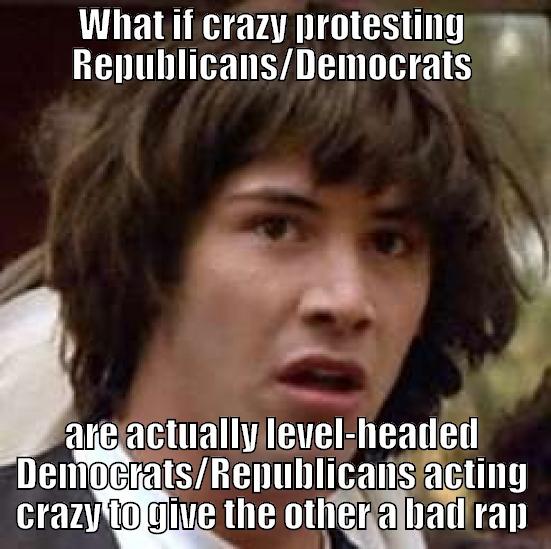 WHAT IF CRAZY PROTESTING REPUBLICANS/DEMOCRATS ARE ACTUALLY LEVEL-HEADED DEMOCRATS/REPUBLICANS ACTING CRAZY TO GIVE THE OTHER A BAD RAP conspiracy keanu