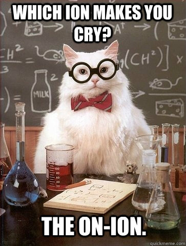 Which ion makes you cry? The on-ion.  Chemistry Cat