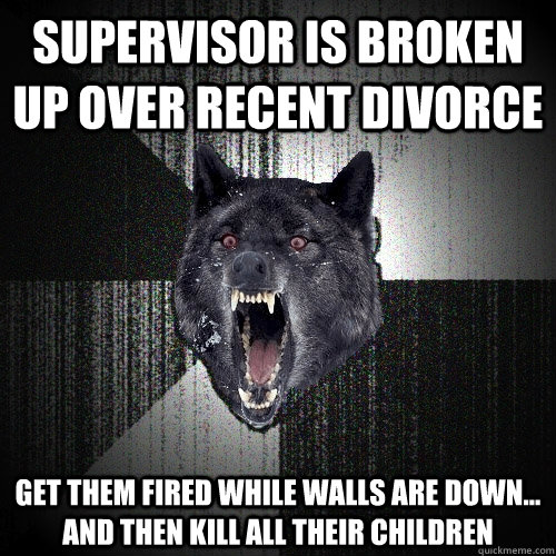 supervisor is broken up over recent divorce get them fired while walls are down... and then kill all their children  Insanity Wolf