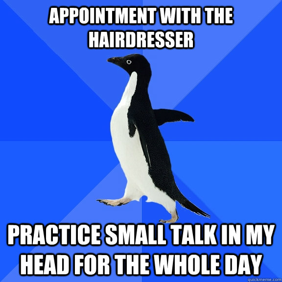 appointment with the hairdresser Practice small talk in my head for the whole day  Socially Awkward Penguin