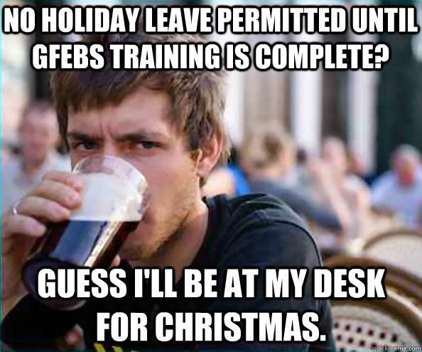 no holiday leave permitted until gfebs training is complete? guess i'll be at my desk for christmas.  College Senior