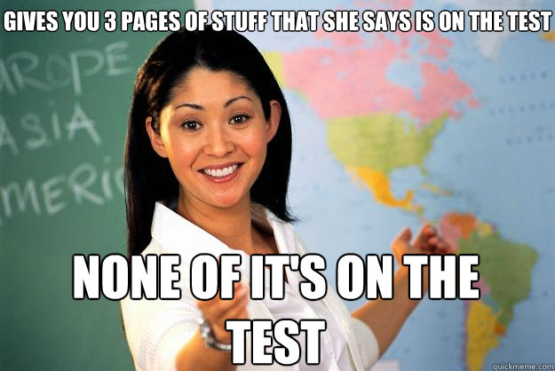 Gives you 3 pages of stuff that she says is on the test None of it's on the test  Unhelpful High School Teacher