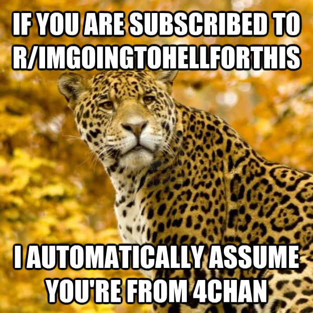 IF YOU ARE SUBSCRIBED TO R/IMGOINGTOHELLFORTHIS I AUTOMATICALLY ASSUME YOU'RE FROM 4CHAN  Judgmental Jaguar