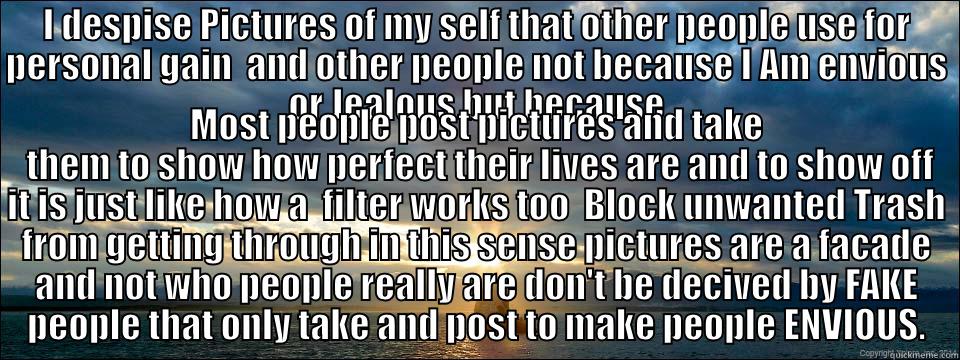 I DESPISE PICTURES OF MY SELF THAT OTHER PEOPLE USE FOR PERSONAL GAIN  AND OTHER PEOPLE NOT BECAUSE I AM ENVIOUS OR JEALOUS BUT BECAUSE MOST PEOPLE POST PICTURES AND TAKE  THEM TO SHOW HOW PERFECT THEIR LIVES ARE AND TO SHOW OFF IT IS JUST LIKE HOW A  FILTER WORKS TOO  BLOCK UNWANTED TRASH FROM GETTING THROUGH IN THIS SENSE PICTURES ARE A FACADE AND NOT WHO PEOPLE REALLY ARE DON'T BE DECI Misc