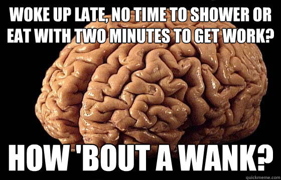 woke up late, no time to shower or eat with two minutes to get work? How 'bout a Wank?  