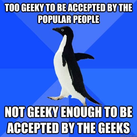 too geeky to be accepted by the popular people not geeky enough to be accepted by the geeks  Socially Awkward Penguin