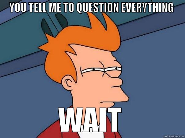 YOU TELL ME TO QUESTION EVERYTHING WAIT Futurama Fry