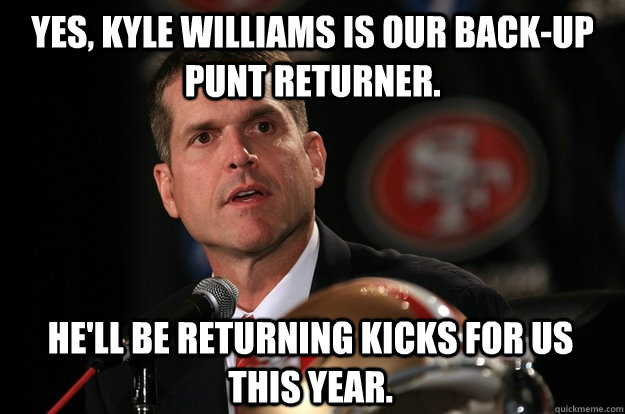Yes, Kyle Williams is our back-up punt returner. He'll be returning kicks for us this year. - Yes, Kyle Williams is our back-up punt returner. He'll be returning kicks for us this year.  Jim Harbaugh