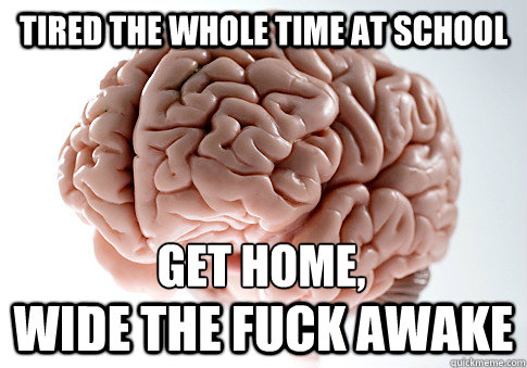 Tired the whole time at school wide the fuck awake Get home,  Scumbag Brain
