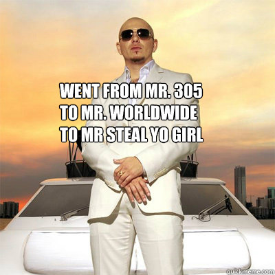 Went from Mr. 305 
to Mr. Worldwide
to mr steal yo girl - Went from Mr. 305 
to Mr. Worldwide
to mr steal yo girl  Pitbull