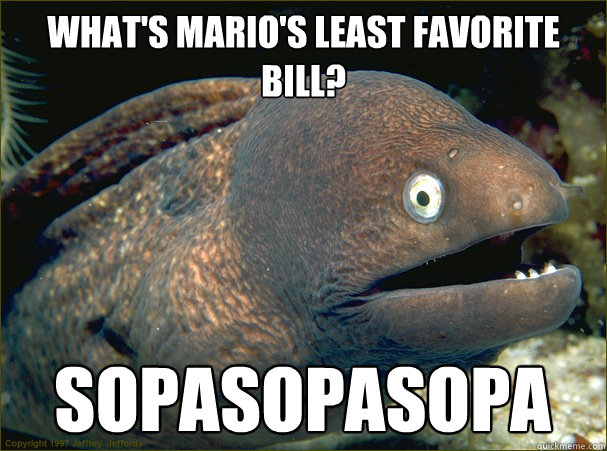 What's Mario's least favorite bill? SOPASOPASOPA  Bad Joke Eel