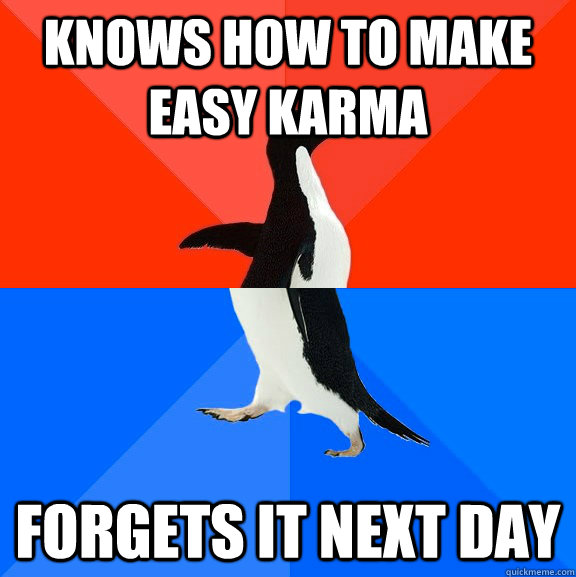 knows how to make easy karma forgets it next day  Socially Awesome Awkward Penguin