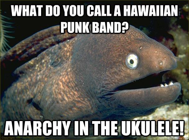 What do you call a Hawaiian punk band?  Anarchy in the Ukulele!  Bad Joke Eel
