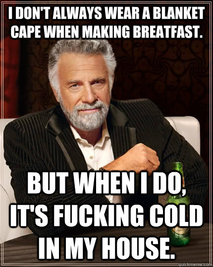 I don't always wear a blanket cape when making breatfast.  but when I do, it's fucking cold in my house.  - I don't always wear a blanket cape when making breatfast.  but when I do, it's fucking cold in my house.   The Most Interesting Man In The World