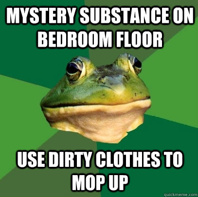 mystery substance on bedroom floor use dirty clothes to mop up - mystery substance on bedroom floor use dirty clothes to mop up  Foul Bachelor Frog