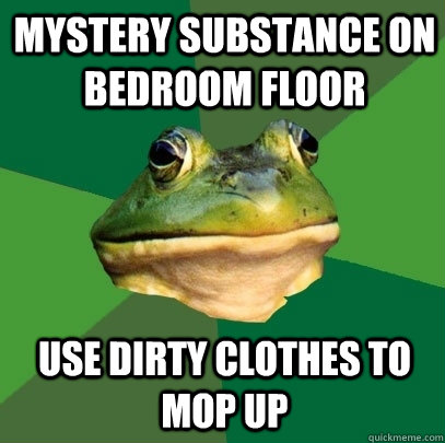 mystery substance on bedroom floor use dirty clothes to mop up  Foul Bachelor Frog