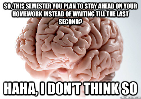 So, this semester you plan to stay ahead on your homework instead of waiting till the last second? haha, i don't think so  Scumbag Brain
