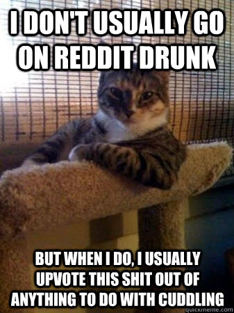 I don't usually go on reddit drunk but when I do, I usually upvote this shit out of anything to do with cuddling  The Most Interesting Cat in the World