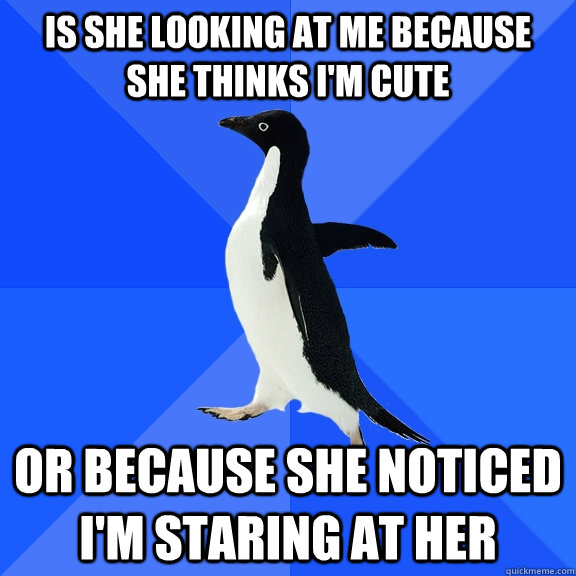 Is she looking at me because she thinks I'm cute or because she noticed i'm staring at her - Is she looking at me because she thinks I'm cute or because she noticed i'm staring at her  Socially Awkward Penguin