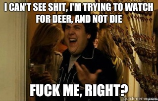 I can't see shit, I'm trying to watch for deer, and not die fuck me, right? - I can't see shit, I'm trying to watch for deer, and not die fuck me, right?  Misc