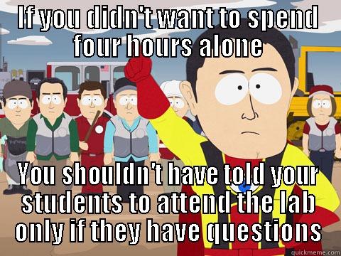 IF YOU DIDN'T WANT TO SPEND FOUR HOURS ALONE YOU SHOULDN'T HAVE TOLD YOUR STUDENTS TO ATTEND THE LAB ONLY IF THEY HAVE QUESTIONS Captain Hindsight