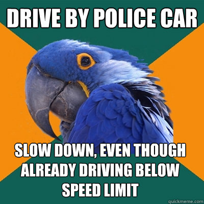 drive by police car slow down, even though already driving below speed limit  Paranoid Parrot