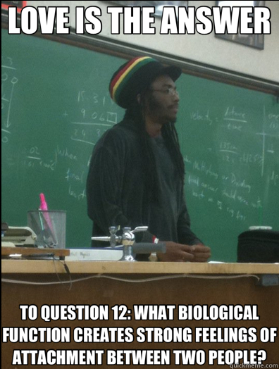 LOVE IS THE ANSWER TO QUESTION 12: WHAT BIOLOGICAL FUNCTION CREATES STRONG FEELINGS OF ATTACHMENT BETWEEN TWO PEOPLE?  Rasta Science Teacher