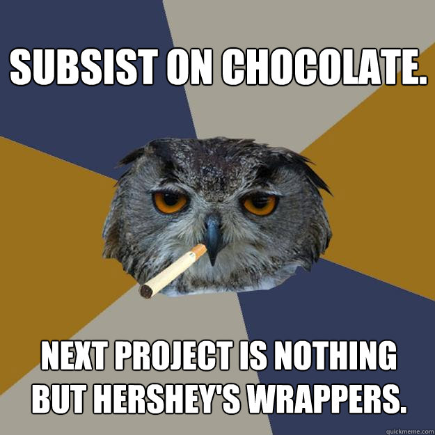 Subsist on chocolate. Next project is nothing but Hershey's wrappers. - Subsist on chocolate. Next project is nothing but Hershey's wrappers.  Art Student Owl