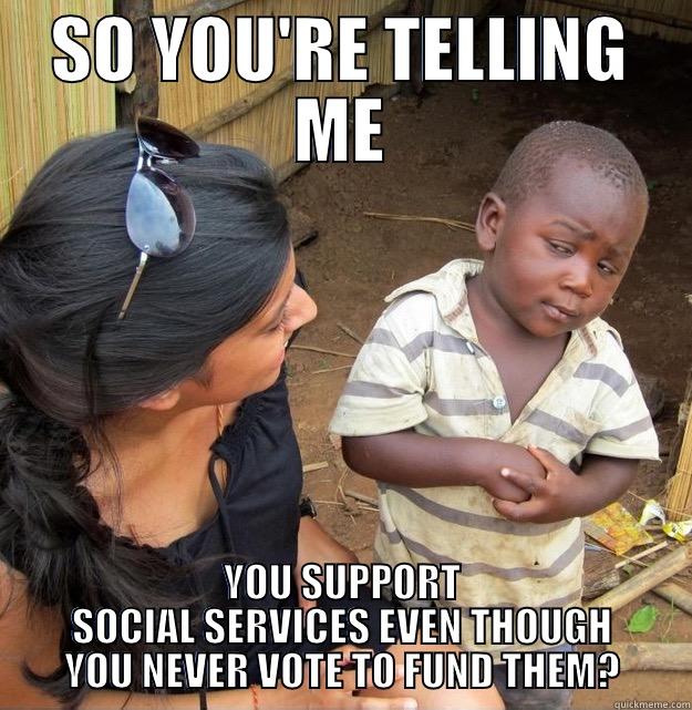 SO YOU'RE TELLING ME YOU SUPPORT SOCIAL SERVICES EVEN THOUGH YOU NEVER VOTE TO FUND THEM? Skeptical Third World Kid