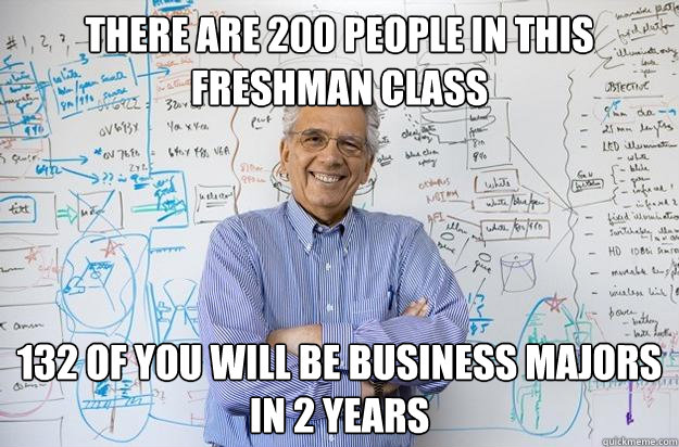 There are 200 people in this freshman class
 132 of you will be business majors in 2 years - There are 200 people in this freshman class
 132 of you will be business majors in 2 years  Engineering Professor
