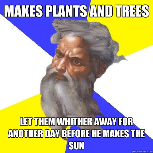 makes plants and trees let them whither away for another day before he makes the sun  Advice God