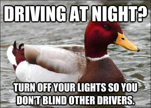 Driving at night? Turn off your lights so you don't blind other drivers.  Malicious Advice Mallard