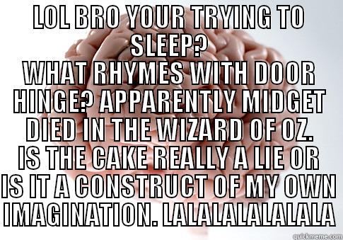 LOL BRO YOUR TRYING TO SLEEP? WHAT RHYMES WITH DOOR HINGE? APPARENTLY MIDGET DIED IN THE WIZARD OF OZ. IS THE CAKE REALLY A LIE OR IS IT A CONSTRUCT OF MY OWN IMAGINATION. LALALALALALALA Scumbag Brain