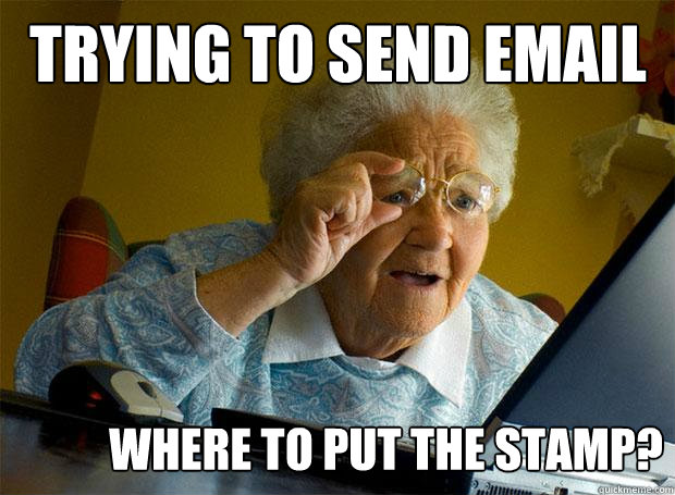 TRYING TO SEND EMAIL WHERE TO PUT THE STAMP?  Grandma finds the Internet