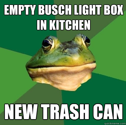 EMPTY BUSCH LIGHT BOX IN KITCHEN NEW TRASH CAN  Foul Bachelor Frog