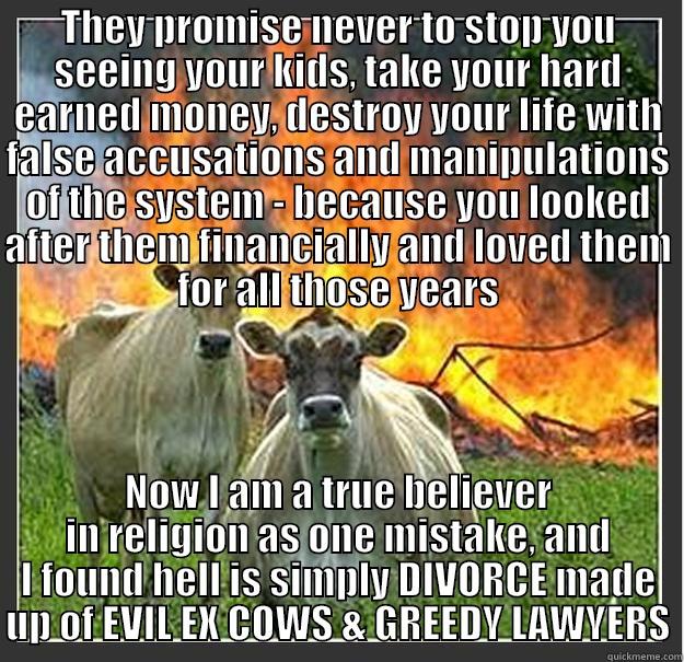 THEY PROMISE NEVER TO STOP YOU SEEING YOUR KIDS, TAKE YOUR HARD EARNED MONEY, DESTROY YOUR LIFE WITH FALSE ACCUSATIONS AND MANIPULATIONS OF THE SYSTEM - BECAUSE YOU LOOKED AFTER THEM FINANCIALLY AND LOVED THEM FOR ALL THOSE YEARS NOW I AM A TRUE BELIEVER IN RELIGION AS ONE MISTAKE, AND I FOUND HELL IS SIMPLY DIVORCE MADE UP OF EVIL EX COWS & GREEDY LAWYERS Evil cows