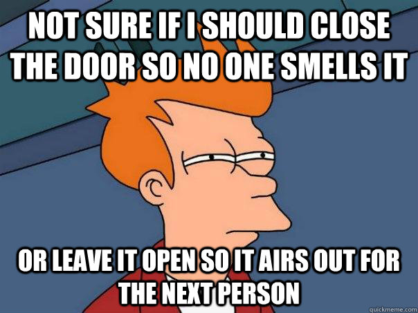 Not sure if I should close the door so no one smells it Or leave it open so it airs out for the next person - Not sure if I should close the door so no one smells it Or leave it open so it airs out for the next person  Futurama Fry