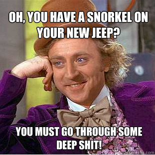 OH, YOU HAVE A SNORKEL ON YOUR NEW JEEP? YOU MUST GO THROUGH SOME DEEP SHIT!  Willy Wonka Meme