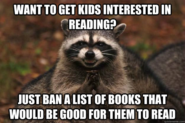 want to get kids interested in reading? Just ban a list of books that would be good for them to read  Evil Plotting Raccoon