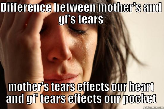 DIFFERENCE BETWEEN MOTHER'S AND GF'S TEARS MOTHER'S TEARS EFFECTS OUR HEART AND GF' TEARS EFFECTS OUR POCKET First World Problems