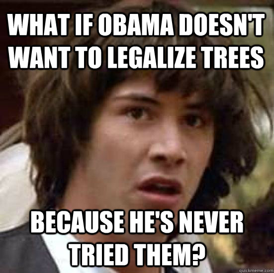 What if Obama doesn't want to legalize trees because he's never tried them?  conspiracy keanu