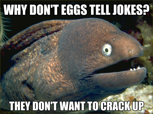 Why don't eggs tell jokes? they don't want to crack up - Why don't eggs tell jokes? they don't want to crack up  Bad Joke Eel