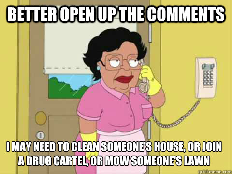 Better open up the comments I may need to clean someone's house, or join a drug cartel, or mow someone's lawn  Family Guy Maid Meme