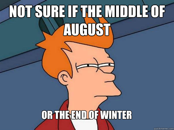 Not sure if the middle of August Or the end of winter  Futurama Fry