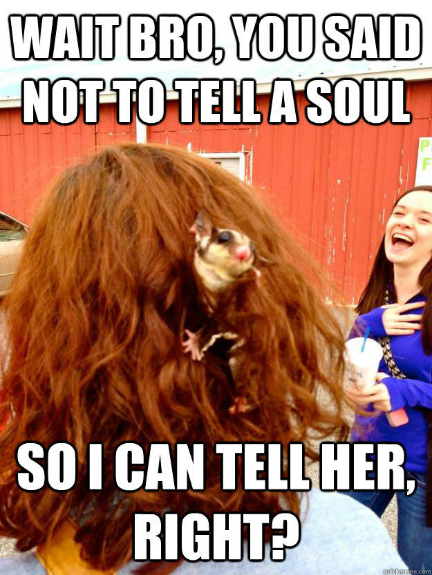 wait bro, you said not to tell a soul so i can tell her, right? - wait bro, you said not to tell a soul so i can tell her, right?  Misc