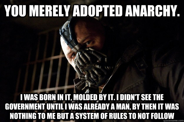 You merely adopted anarchy. I was born in it, molded by it. I didn't see the government until i was already a man, by then it was nothing to me but a system of rules to not follow  Angry Bane