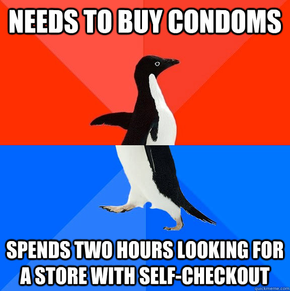 Needs to buy condoms spends two hours looking for a store with self