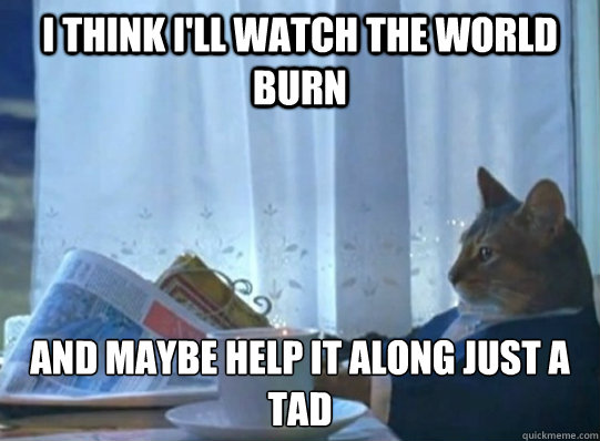 I think I'll watch the world burn and maybe help it along just a tad  Forever alone sophisticated cat